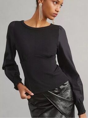Anthropologie Black Mixed Fabric Long-Sleeve Top